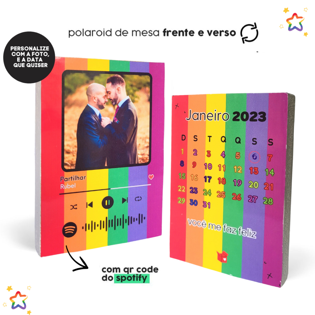 Kit 2 Polaroides de mesa LGBTQIAP+, frente e verso com sua frase personalizada - borda branca.