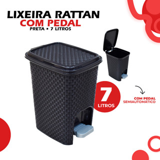 Lixeira Cozinha Banheiro Pequena Cesto de Lixo Com Tampa 7 Litros Com Pedal Preto Rattan