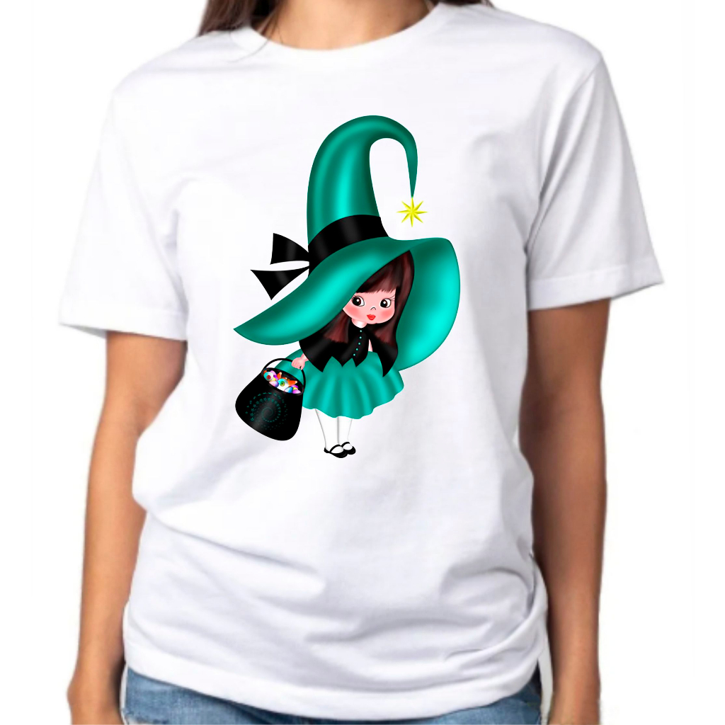 Camiseta Baby Look Raglan Feminina ou Camiseta Raglan Unissex Estampa Halloween Bruxa Bruxinha Fofa 34