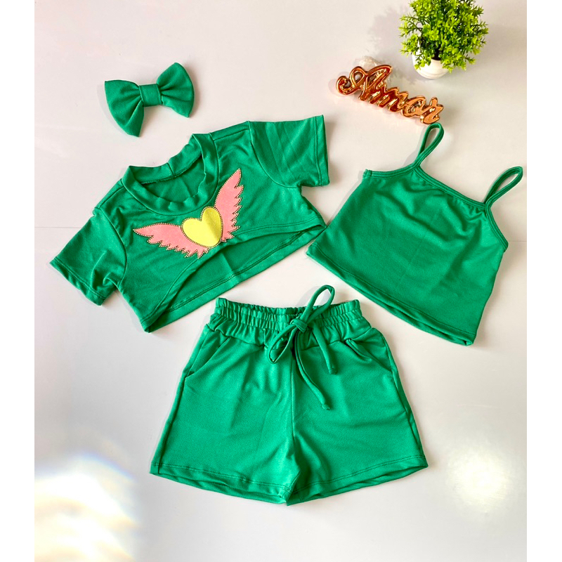 Conjunto Diva do Verão Blogueirinha Três Peças Infantil Feminino Cropped+ Top Regata Estampada da Moda+ Shorts Fashion