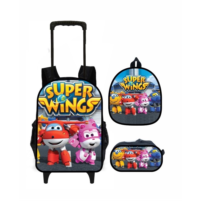 super wings mochila escolar com carrinho lancheira térmica e estojo