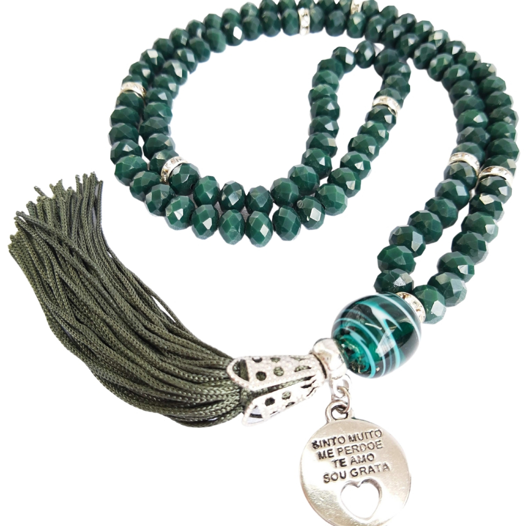 Japamala Terço 108 contas em Cristal Verde Escuro Hoponopono