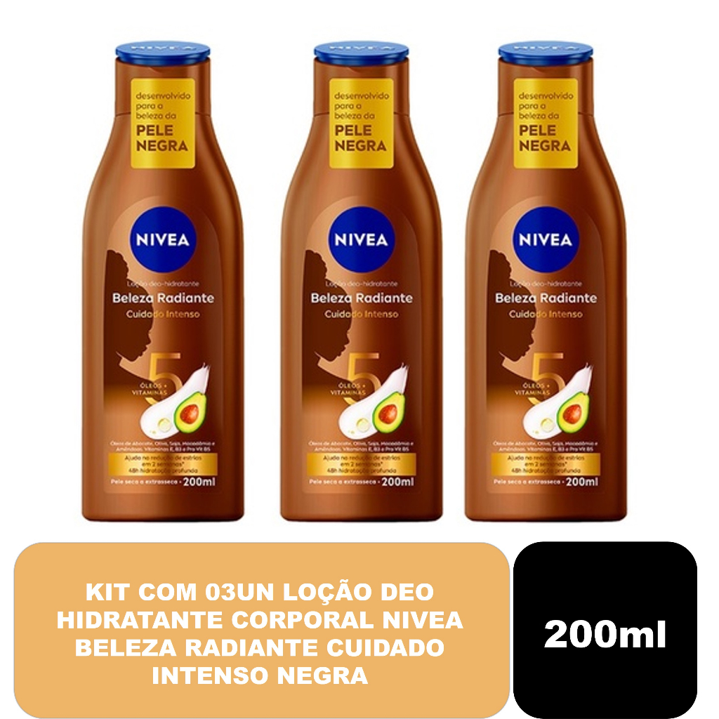 Kit com 03un Loção Deo Hidratante Corporal Nivea Beleza Radiante Cuidado intenso Negra 200ml