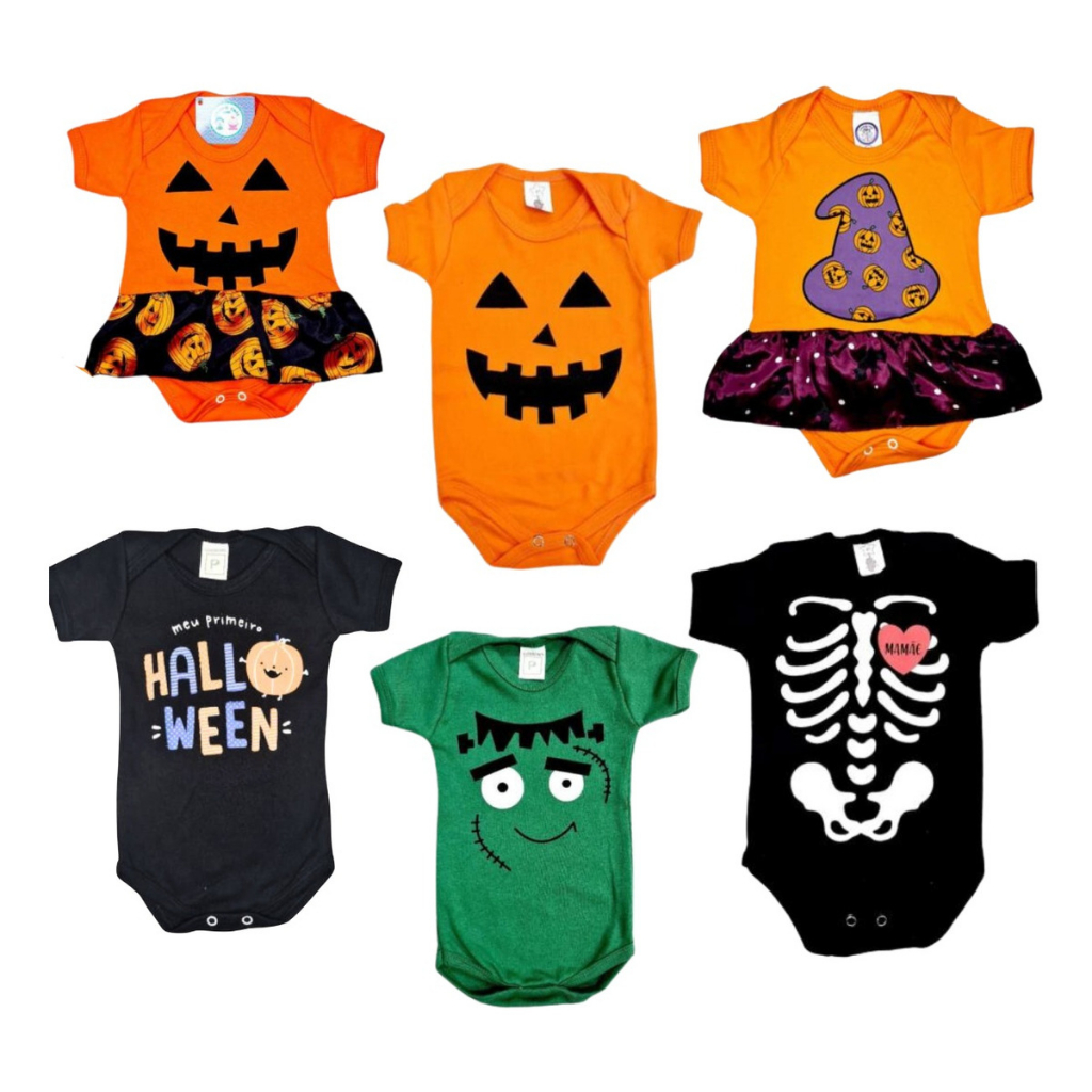 Body Bebê Fantasia Halloween Mesversário Esqueleto Bruxinha Abobora