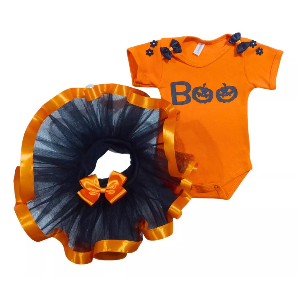 Roupinha De Tutu Halloween Abóbora Fantasia Laranja Temática Mesversário Infantil Bebê Menina