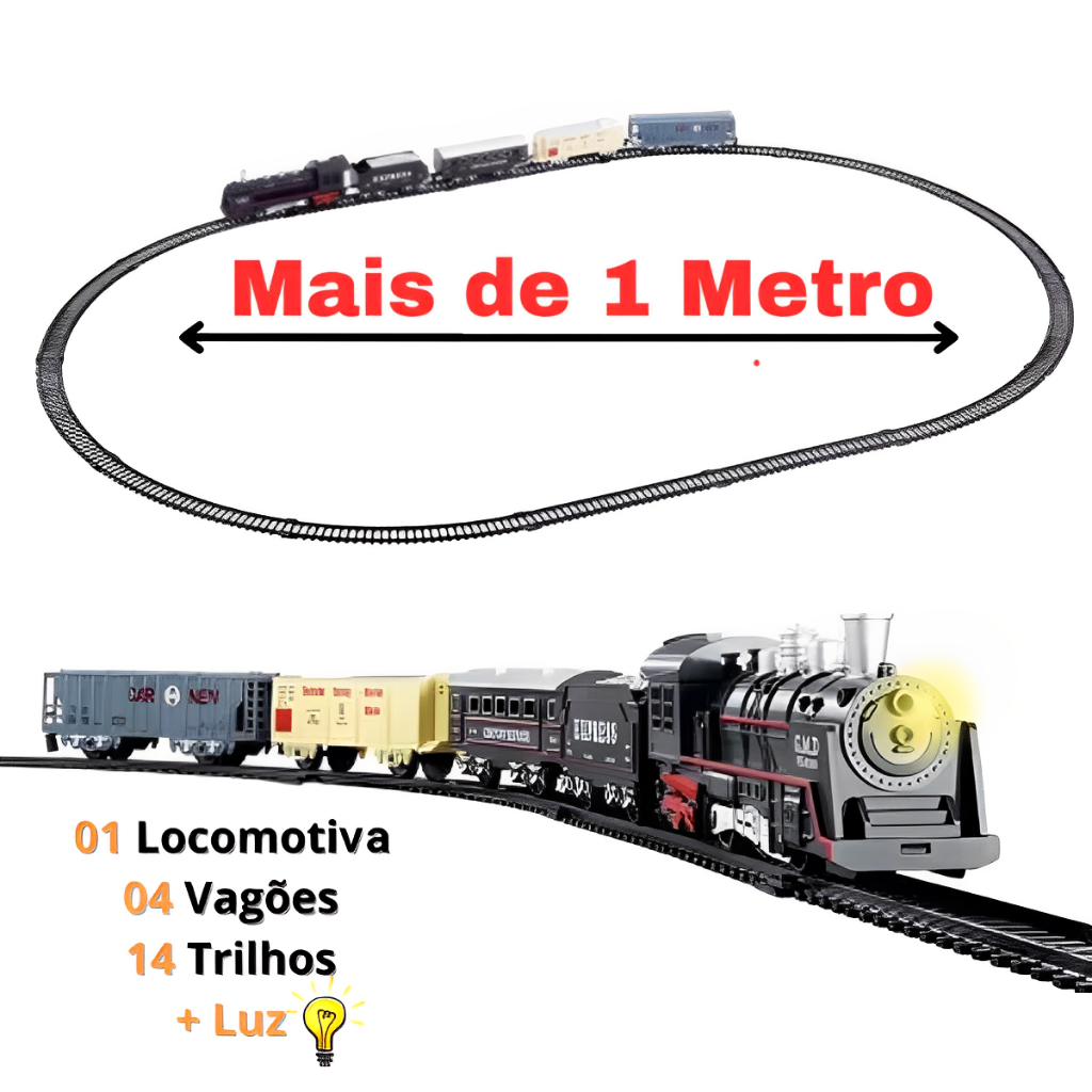 Ferrorama Trem Trenzinho Infantil 19 peças Grande Com Luz 19 Peças Brinquedo Infantil  Envio 24h