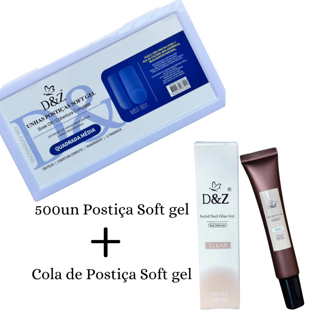 Kit 500un Unhas Postiça Soft Gel D&Z Quadrada Media + 1 Cola de Soft Gel D&Z Sem rastros e Ultrafina.