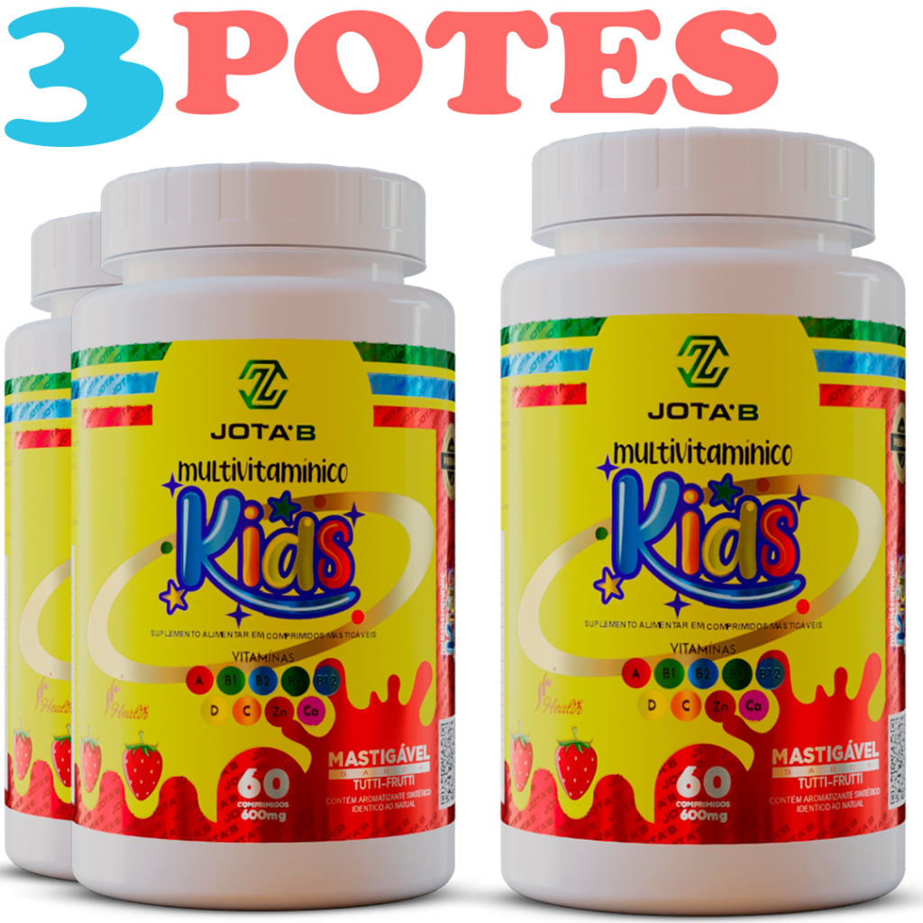 Kit 3 JOTA´B Kids 60 Comprimidos mastigaveis saborisados acido Fólico, cálcio, Cobre, Cromo, ferro, fósforo, magnésio, Selenio, vitamina A, Vitamina B1, Vitamina B12, Vitamina B2, Vitamina B6, Vitamina C, Vitamina D, Vitamina E, zinco