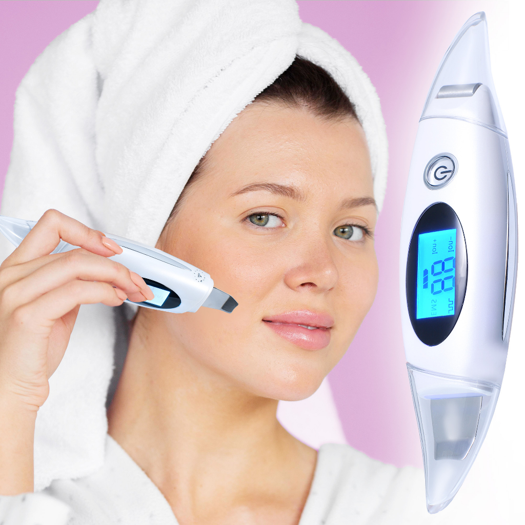 Aparelho Peeling Ultrassônico Limpador Facial Remove Cravos Eletrodo Condutor Anti-Rugas Display LCD USB