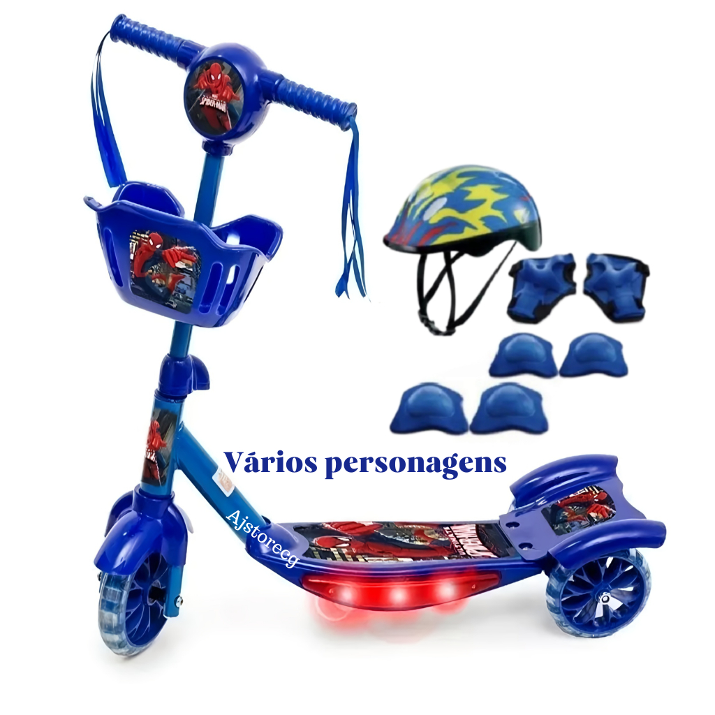 Patinete com KIT de Proteção 4 Peças Menino vários personagens em Oferta na Shopee