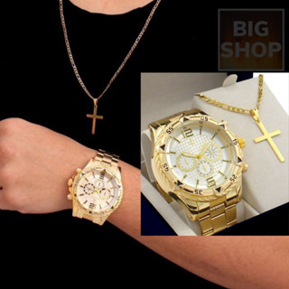 Relógio Masculino Metal 18k Branco Dourado + Corrente 18k Cruz + Pulseira 18k