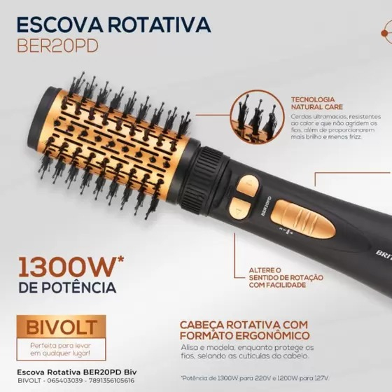 Escova Secadora Rotativa Britânia BER20PD 3 Temperaturas 1300W - Bivolt + Nota fiscal