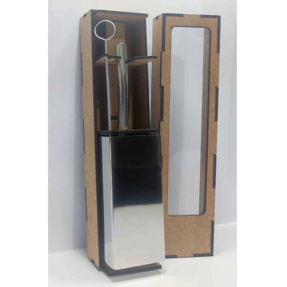 Kit Tereré com caixa: Copo Cuia quadrada 250ml INOX POLIDO + Bomba Mola Externa INOX POLIDA e Escovinha de Limpeza