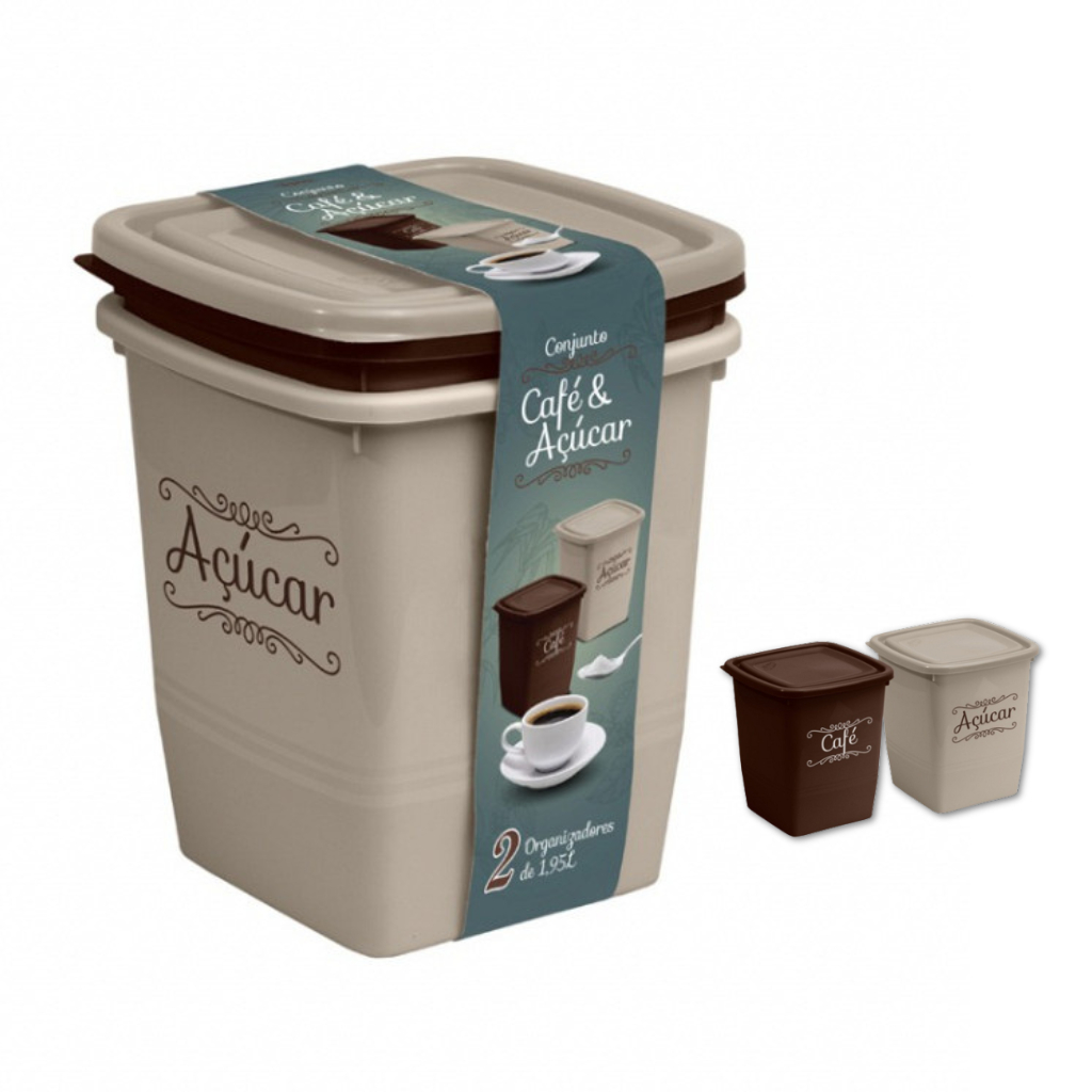 Kit 2 Potes De Plástico Decorados Para Café E Açucar 1,95 Litros Grande Açucareiro