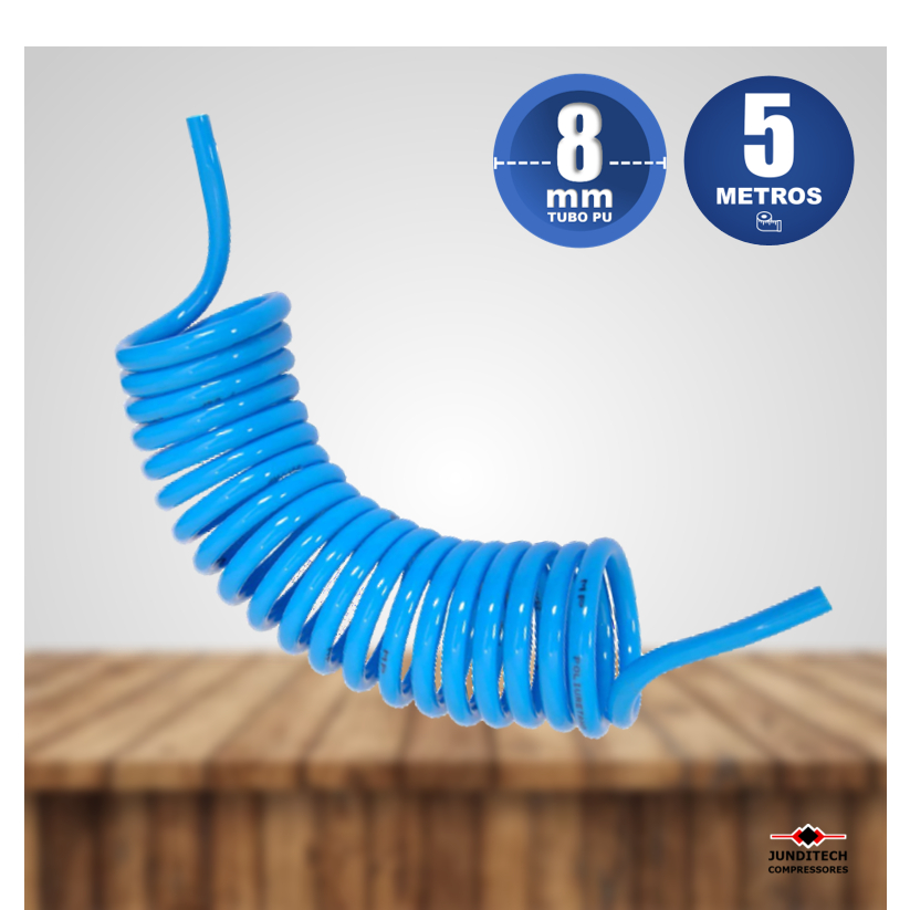 Tubo Espiral PU 8mm x 5 Metros até 10 bar (150 Libras) uso funilaria limpeza Ar Comprimido Compressor