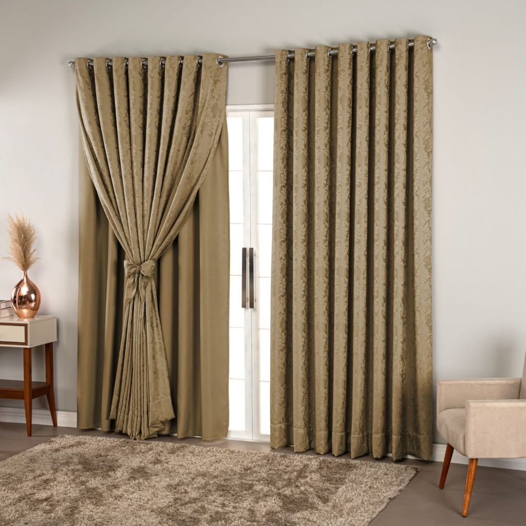 Cortina Jacquard Com Forro Blackout Em Tecido 3.00x2.50 Para Varão Sala Quarto