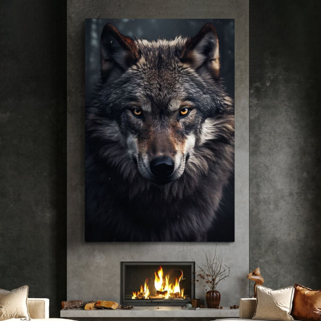 Quadro decorativo lobo cinza negro selvagem tema dark para sala quarto ou escritório