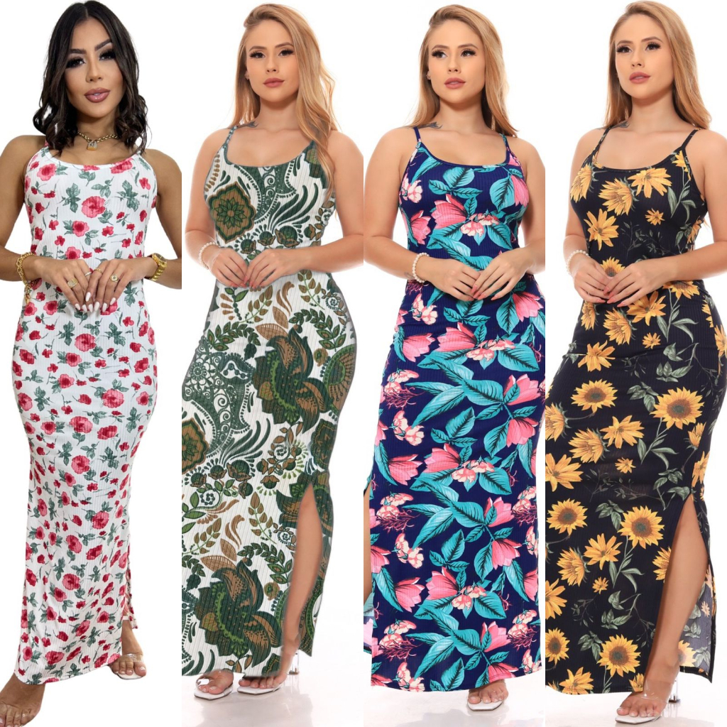 Vestido Floral Canelado Casual Versátil Feminino Nova Moda Alça