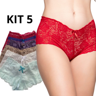 Kit 5 Calcinha Caleçon de Renda Calesson Lingerie Sexy com Forro de Algodão