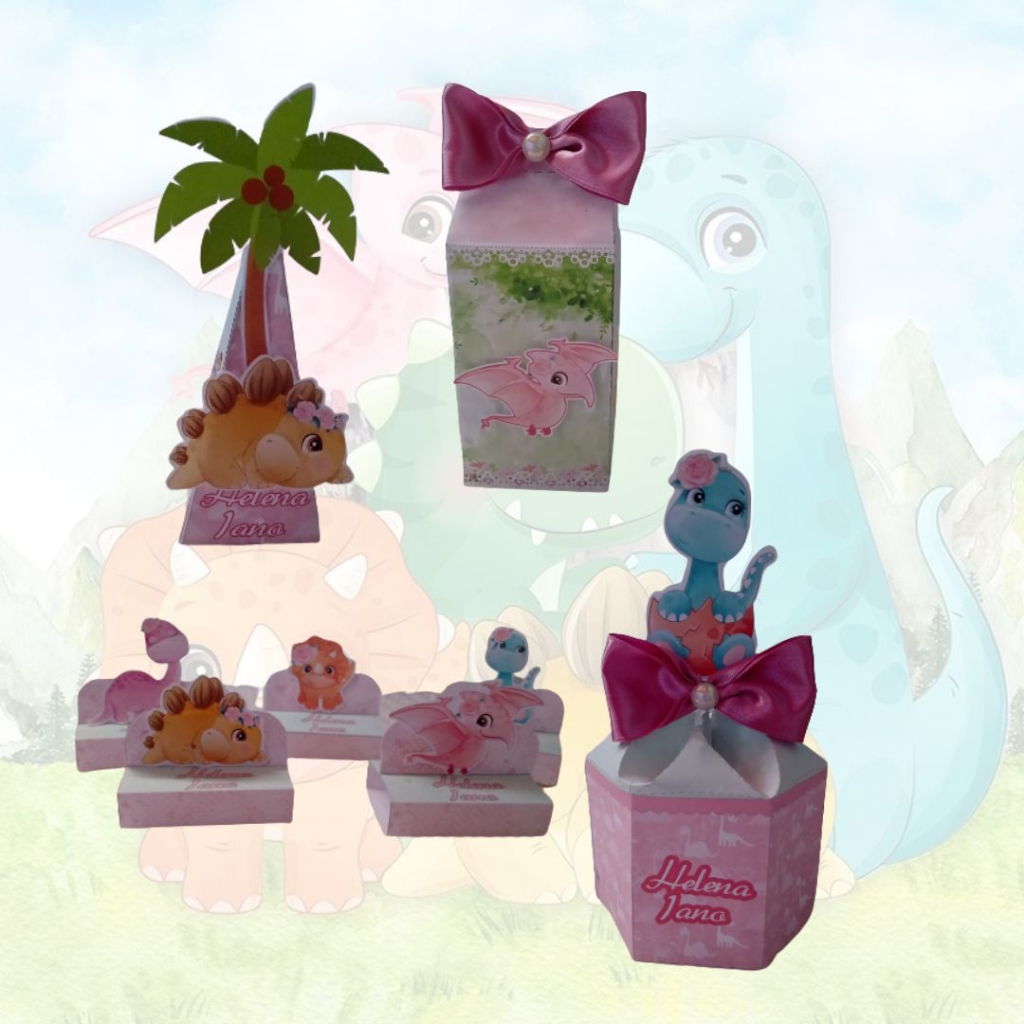 Kit Festa Dinossauro Rosa - Lembrancinha Personalizada - Caixinhas Personalizadas - Festa de Aniversario