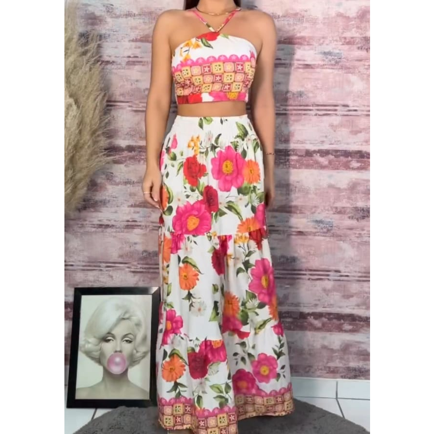 Conjunto Cropped e saia Amanda estampa floral