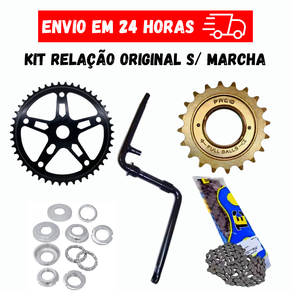 Kit Relação Pedivela Monobloco 165mm + Corrente Bicicleta Grossa Tec/ Paco + Catraca Bike 20Dentes + Movimento Central Bike 45mm + Coroa Bike 46Dentes Aço Preto
