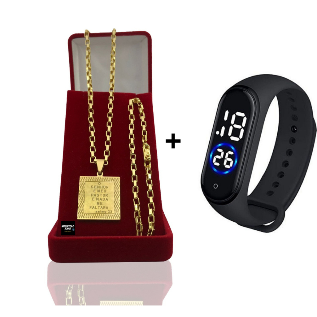 Corrente Masculina Infantil Tijolinho 3mm Banhado Ouro Com Pingente Senhor Meu Pastor + Relógio Digital Prova Dagua  Correntinha Infantil