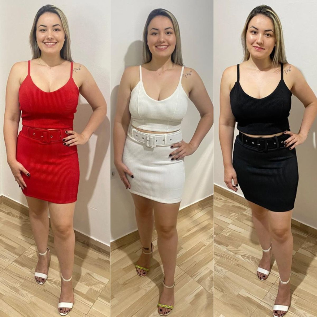 Conjunto Feminino Canelado 3d Saia Com Cinto & Cropped Alcinha