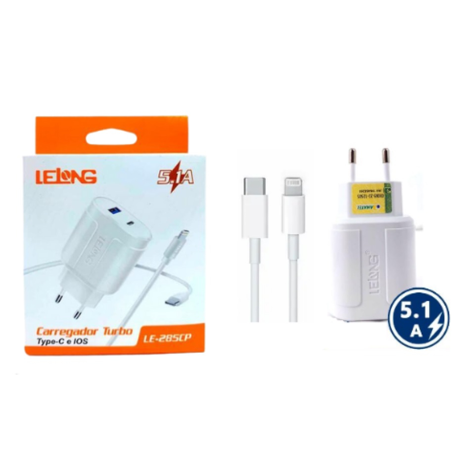 Carregador Turbo 5.1A USB/Tipo C + Cabo Tipo C/Lightning Lelong LE-285CP