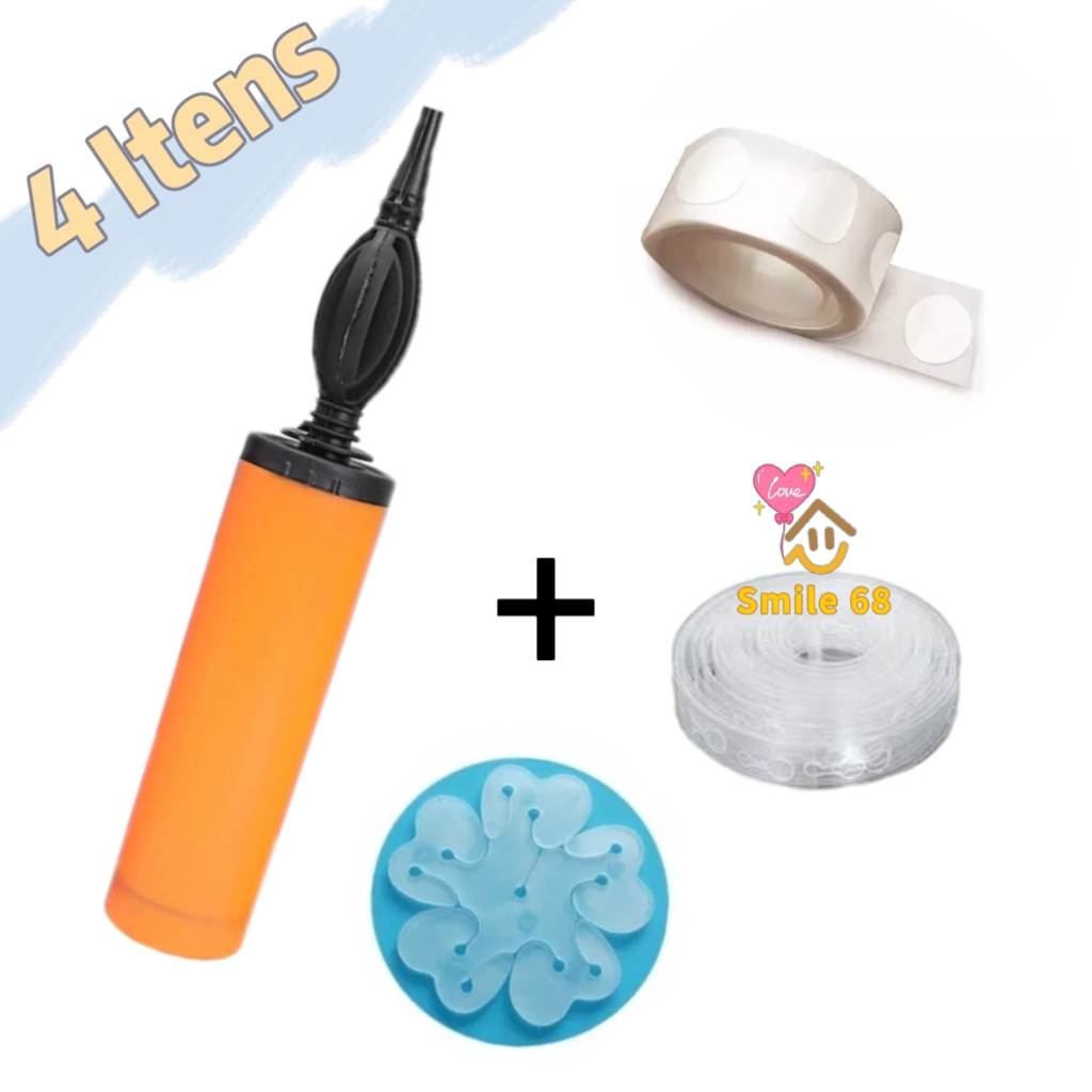 Kit Inflador Bomba Balão + Fita para Arco Com 5m + Cola Adesivo Com 100 Pontos + Suporte Bexiga Flor