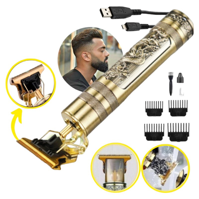 Máquina De Barbear e Cortar Cabelo Recarregável Profissional Dragão Acabamento Masculino T9 Vintage Sem Fio Bateria Duravel Modelo Dourado