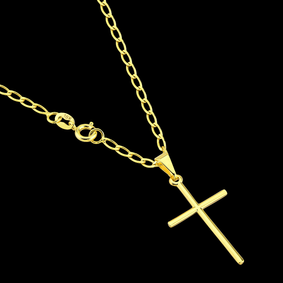 Corrente Cordão Masculino Grumet Longa + Pingente Cruz Palito Banhado a Ouro 18k Correntinha com Crucifixo