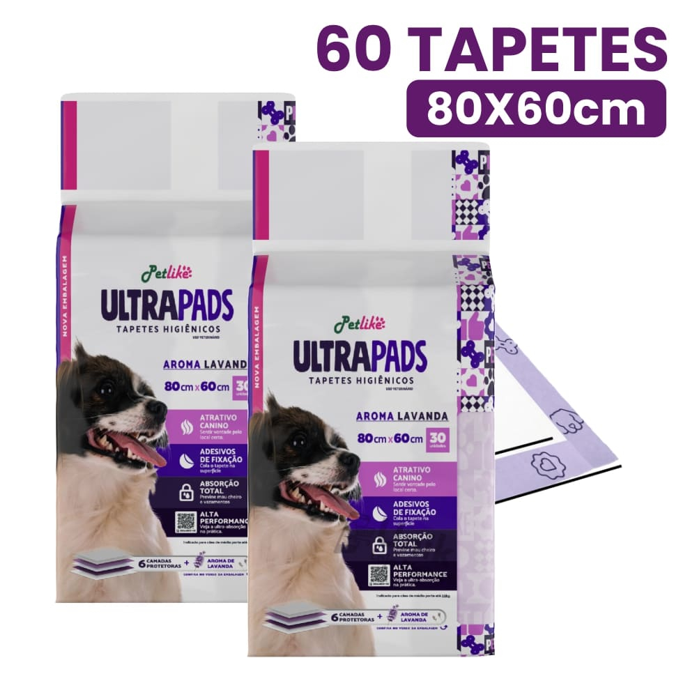 Tapete Higiênico Cães e Gatos Ultra Pads 80x60cm c/ 60un Lavanda Petlike