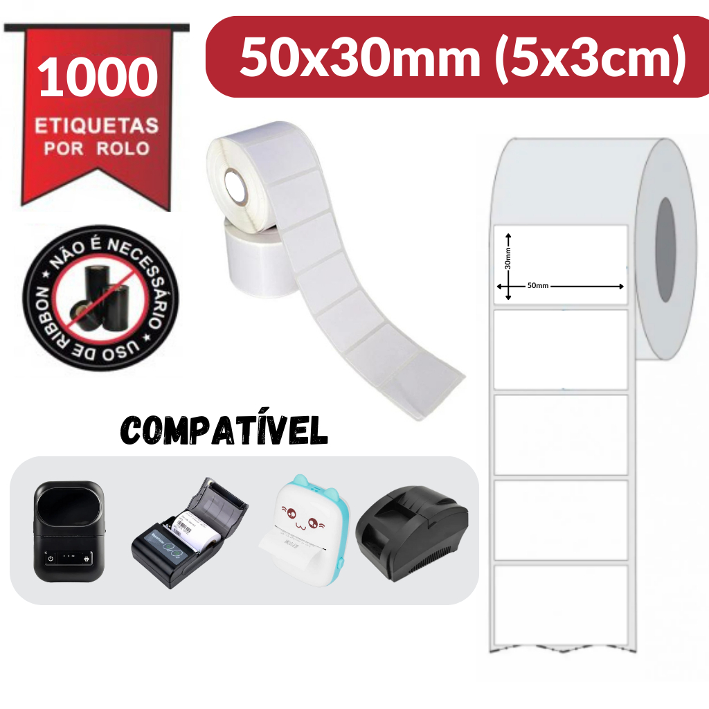 Bobina Etiqueta Térmica Adesiva 50x30mm 5x3cm (1 Coluna) Rolo com 31 Metros em Oferta na Shopee