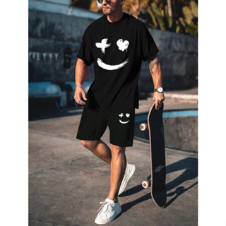 Conjunto Camiseta Gola Redonda 100% Algodão + Short Moletom Masculino Rosto Moda