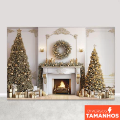 Painel de Natal Decoração Fundo Fotográfico Natalino Cenário Lareira Dourado Fotos Tecido Sublimado