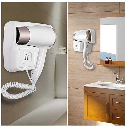 Secador De Cabelo Suporte Parede 1400w Com USB Carrega Celular Banheiro Hotel Pousada Casa...