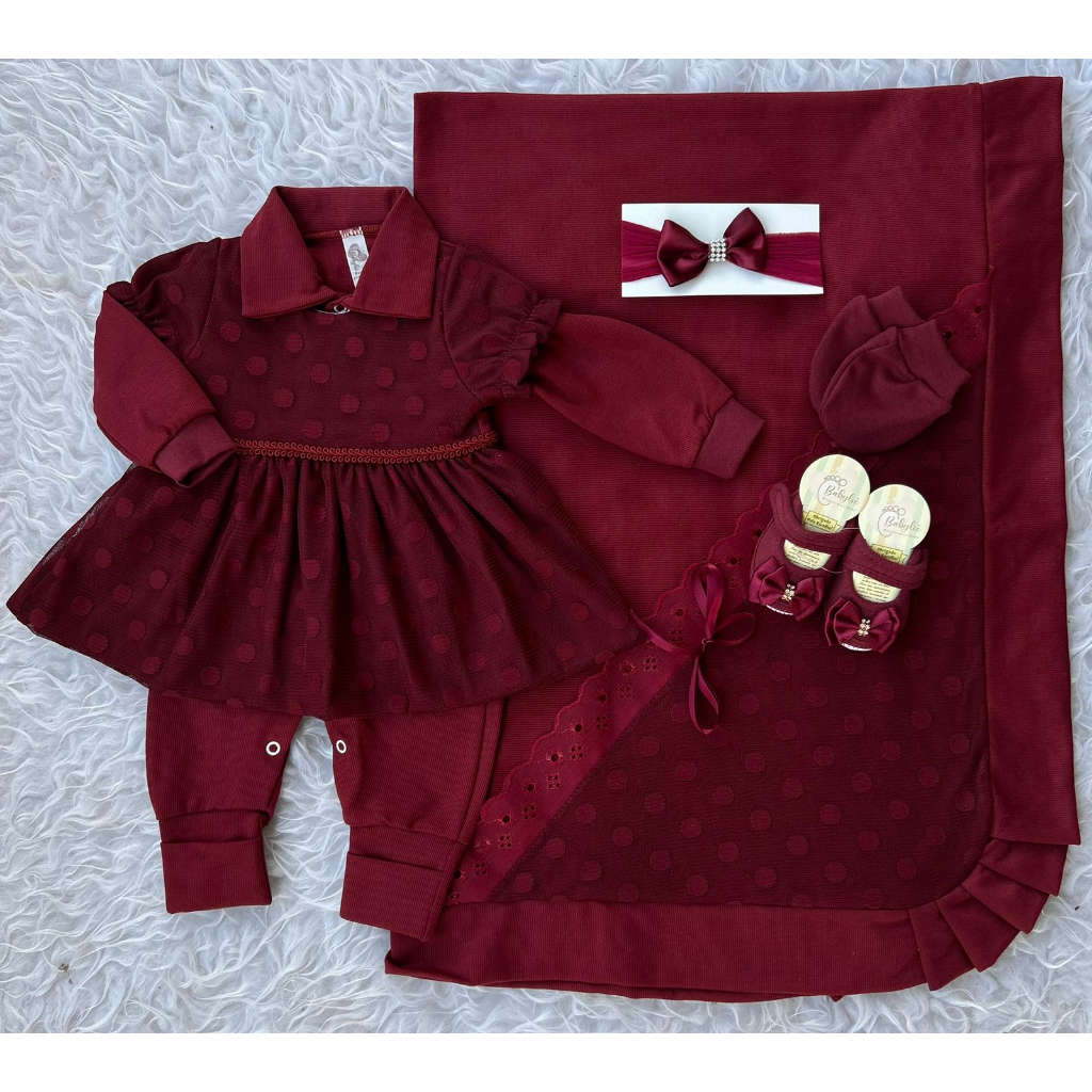 Saída de Maternidade Feminina de Luxo de Bolinha Marsala kit (macacão vestido manta luva laço sapato