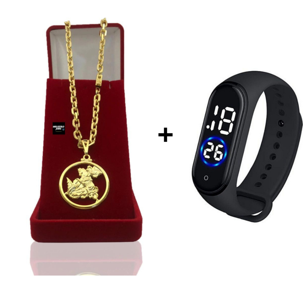 Corrente Masculina Cadeado 8mm + Pulseira e Pingente São Jorge   Banhado a Ouro 18k +  Relógio De Pulso Digital Com LED Prova D'água Cordão Masculino