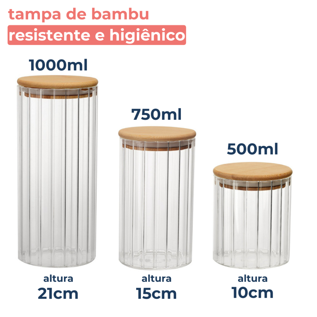 Kit 3 Potes De Vidro Canelado Hermético Mantimentos Com Tampa Bambu 1000ml 750ml e 500ML