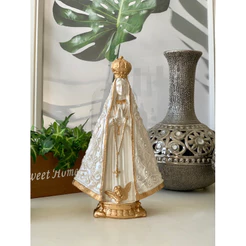 imagem nossa senhora aparecida 22 cm gesso manto bordado decorada dourado terço linda