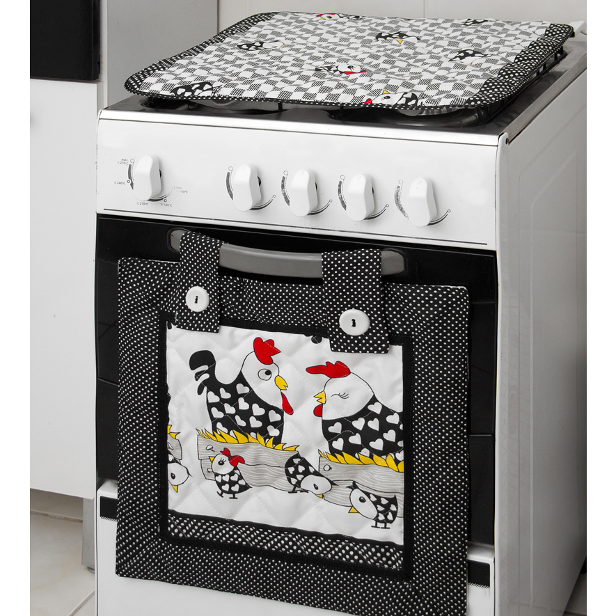 Kit para fogão 5 e 6 Bocas : Cortina Forno + Capa P/ Tampa Fogão - Galinha