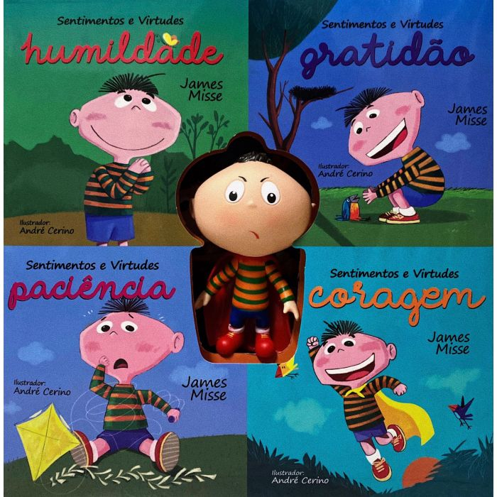 COLEÇÃO SENTIMENTOS E VIRTUDES CAIXA COM 4 LIVROS + 1  BONECO EDI-Pé da Letra