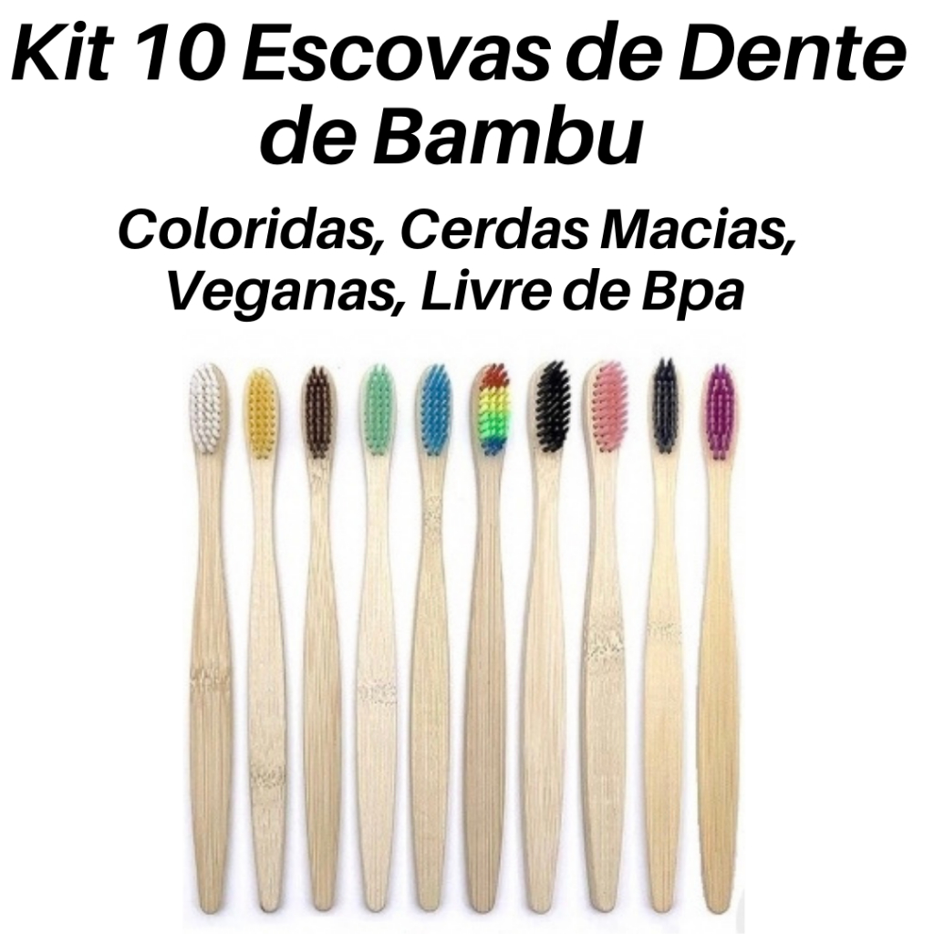 Kit 10 Escovas De Dente De Bambu Biodegradável - Coloridas Cerdas Macias Veganas Livre De Bpa​