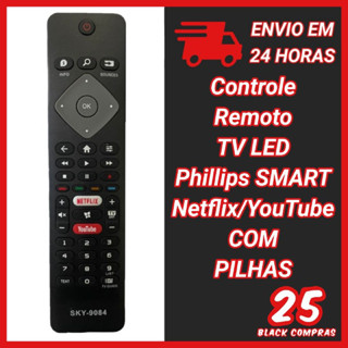 9084 CONTROLE REMOTO TV LED PHILIPS SMART NETFLIX/YOUTUBE (COM PILHAS)