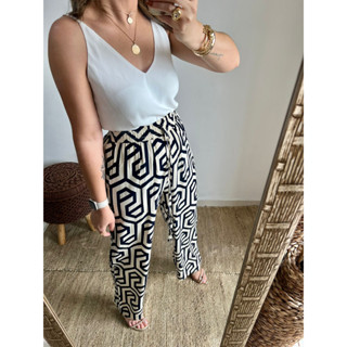 Calça Pantalona Estampada Tecido 100% Viscose com Elástico na Cintura