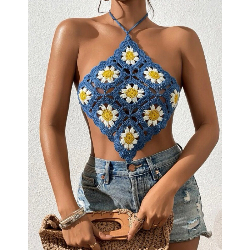 Cropped Crochê Floral Frente Única Forrado - Feito a 100% a Mão