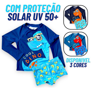 Kit 2 Peça Sunga + Camiseta Manga Longa Proteção Solar Uv 50 Infantil Menino Homem Criança