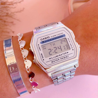Relógio Cássio Retrô Wr Unissex Prata Fundo Branco Preto Digital Led Vintage Feminino