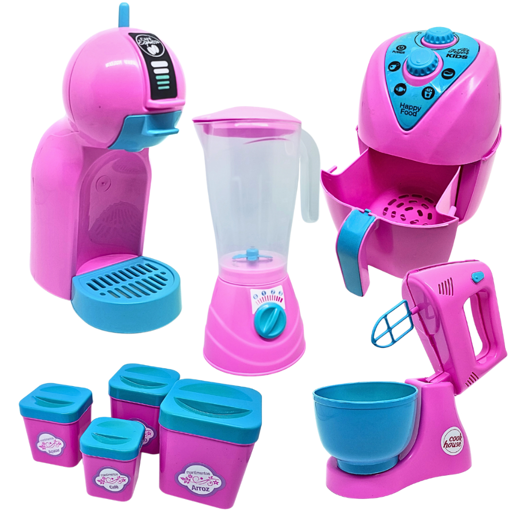 Kit Cozinha Brinquedo Infantil 8 Pçs Airfryer Cafeteira Batedeira Liquidificador e Porta Mantimentos